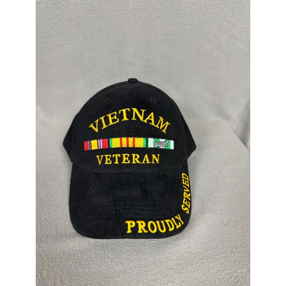 Vietnam Veteran Black Hat With Proudly Served Campaign Ribbons Embroidery OS NWT